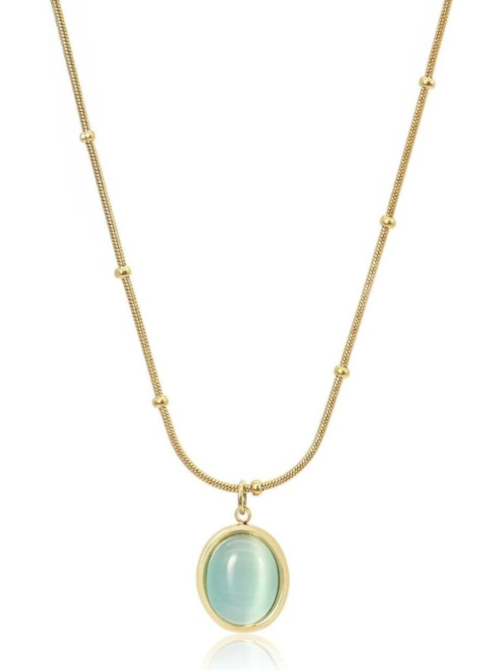 Women Seafoam Green Cat Eye Oval Pendant Satellite Chain Beaded Choker Necklace